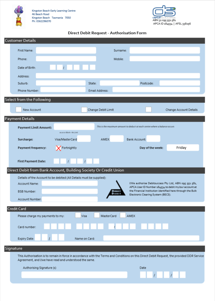 form success debit Beach Early Learning  Debit Kingston Centre form  Success